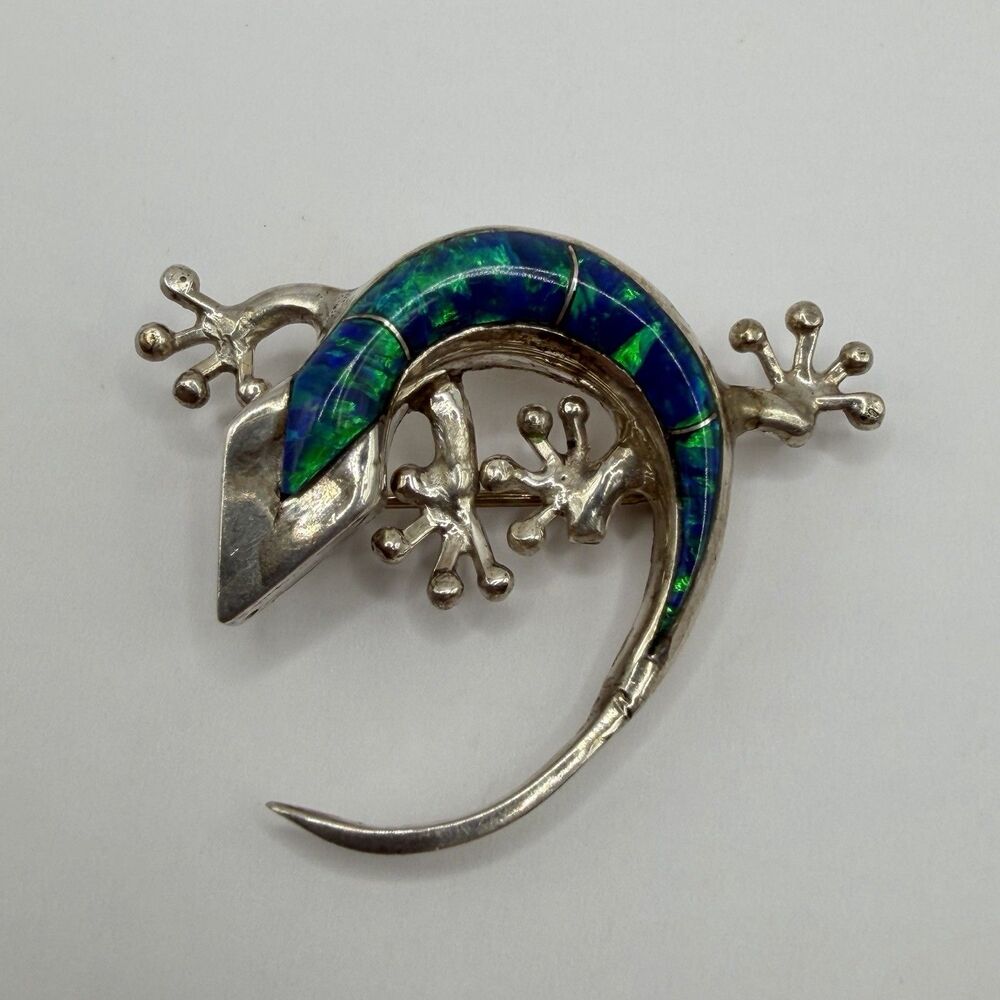 Vintage Sterling Silver 925 Blue Green Opal Inlay Gecko Lizard Pin Southwest